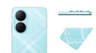 HUAWEI nova Y73 blue back view, showing the dynamic plaid texture surface and the double star orbit rings. HUAWEI nova Y73 blue side view, showing the X button on the side of the body. A close-up of the Huawei nova Y73 in  Blue, showing the dynamic plaid texture surface