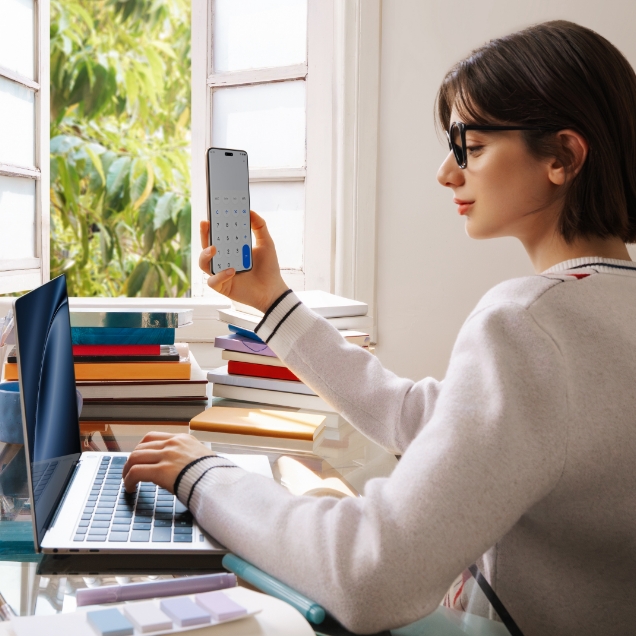 Female model learns with HUAWEI nova 14 Pro, demonstrating smart control button operation gestures and interface.