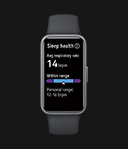 A front view of black HUAWEI Band 10, displaying sleep apnea-related data on the screen, showcasing the device's sleep apnea monitoring feature
