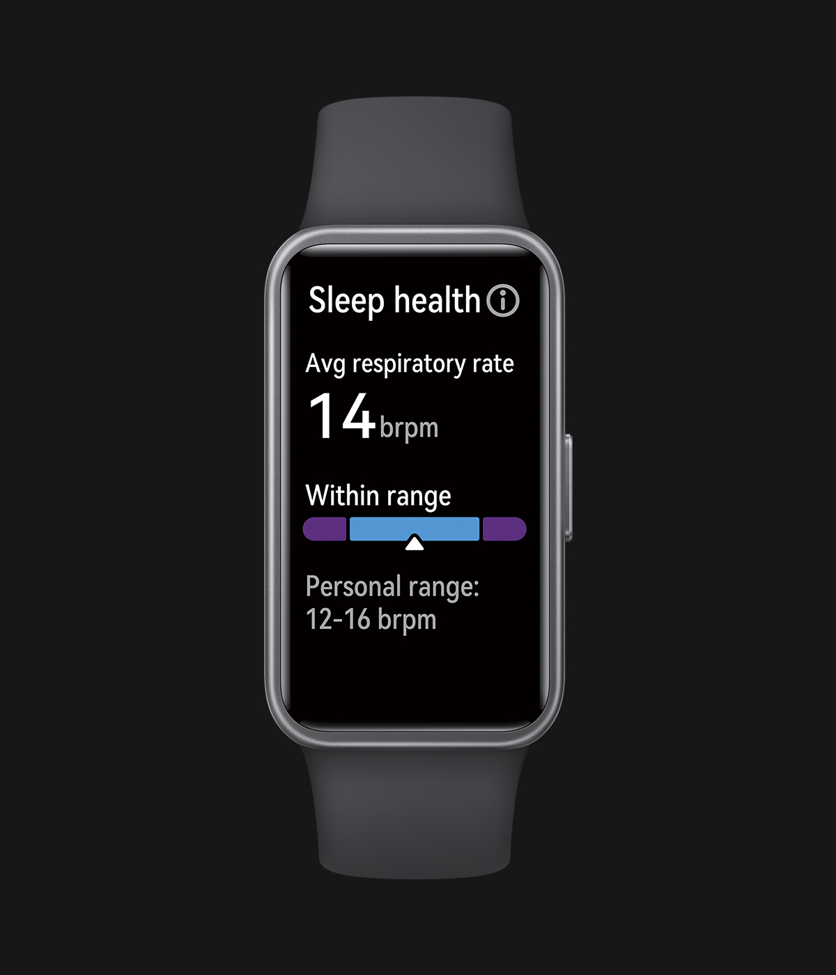 A front view of black HUAWEI Band 10, displaying sleep apnea-related data on the screen, showcasing the device's sleep apnea monitoring feature