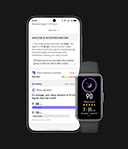 The phone interface displays periodic sleep data alongside a front view of black HUAWEI Band 10, showing the sleep score. This highlights the device's ability to analyze sleep quality
