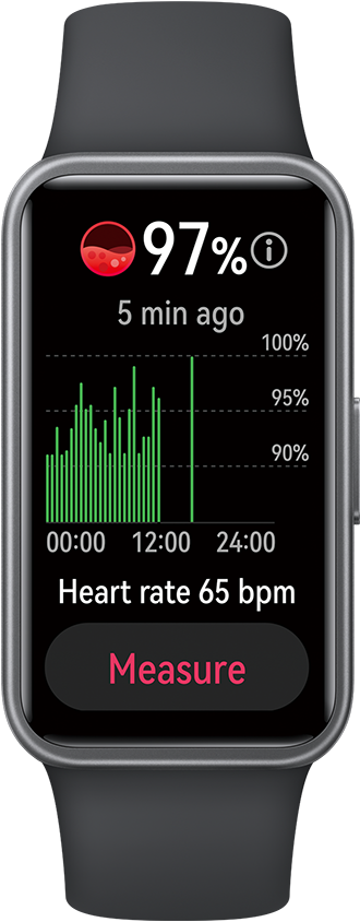 A front view of black HUAWEI Band 10, displaying the heart rate and blood oxygen monitoring interface,which highlights the device's ability to provide heart rate and SpO2 measurements