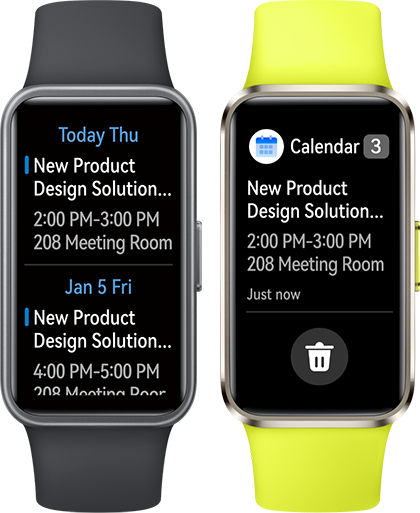 A front view of black and green HUAWEI Band 10, both displaying schedule information,which highlights the device's calendar reminder function