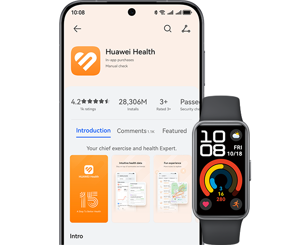 The phone displays HUAWEI Health app, while the black HUAWEI Band 10 shows the three rings watch face, highlighting the device's extensive compatibility with various devices