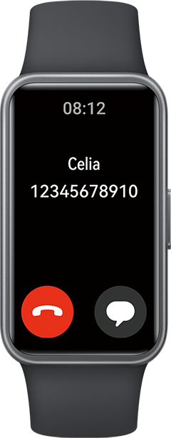 A front view of black HUAWEI Band 10, displaying the call notification interface,which highlights the device's reminder feature
