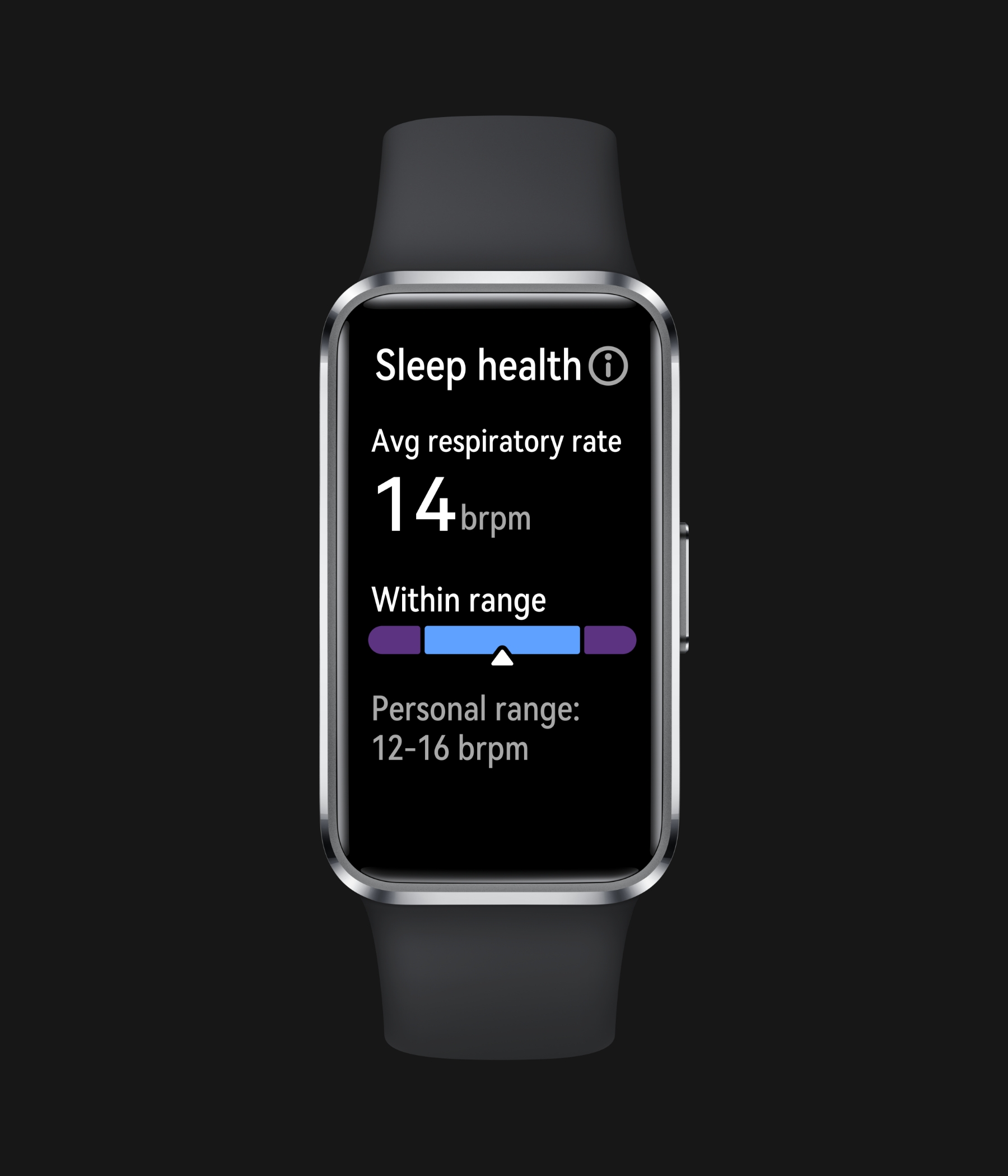 A front view of black HUAWEI Band 10, displaying sleep apnea-related data on the screen, showcasing the device's sleep apnea monitoring feature