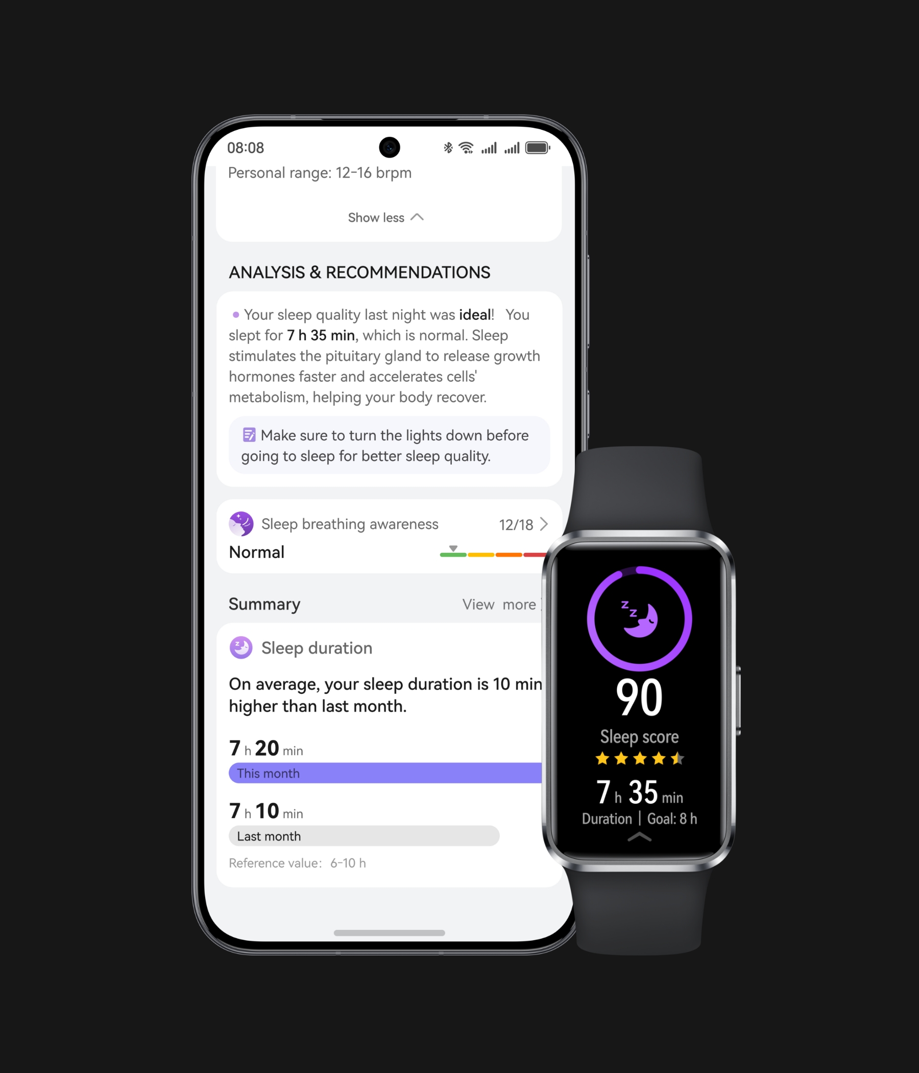 The phone interface displays periodic sleep data alongside a front view of black HUAWEI Band 10, showing the sleep score. This highlights the device's ability to analyze sleep quality