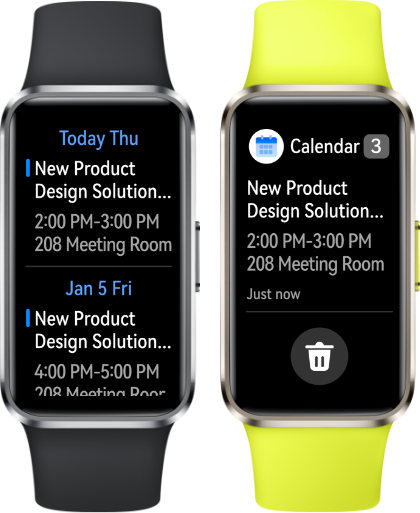 A front view of black and green HUAWEI Band 10, both displaying schedule information,which highlights the device's calendar reminder function