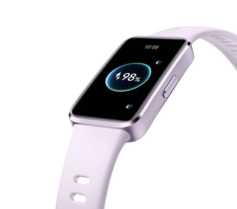 A side view of purple HUAWEI Band 10, displaying the charging interface,which highlights the device's fast-charging capability and long-lasting battery life