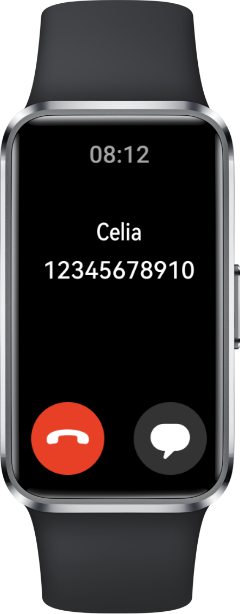 A front view of black HUAWEI Band 10, displaying the call notification interface,which highlights the device's reminder feature