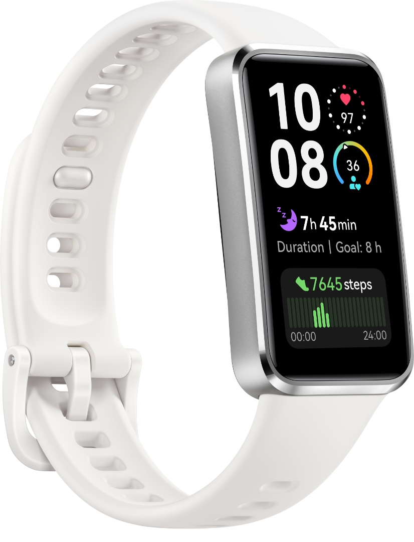 Side view carousel of HUAWEI Band 10, highlighting its colors and materials