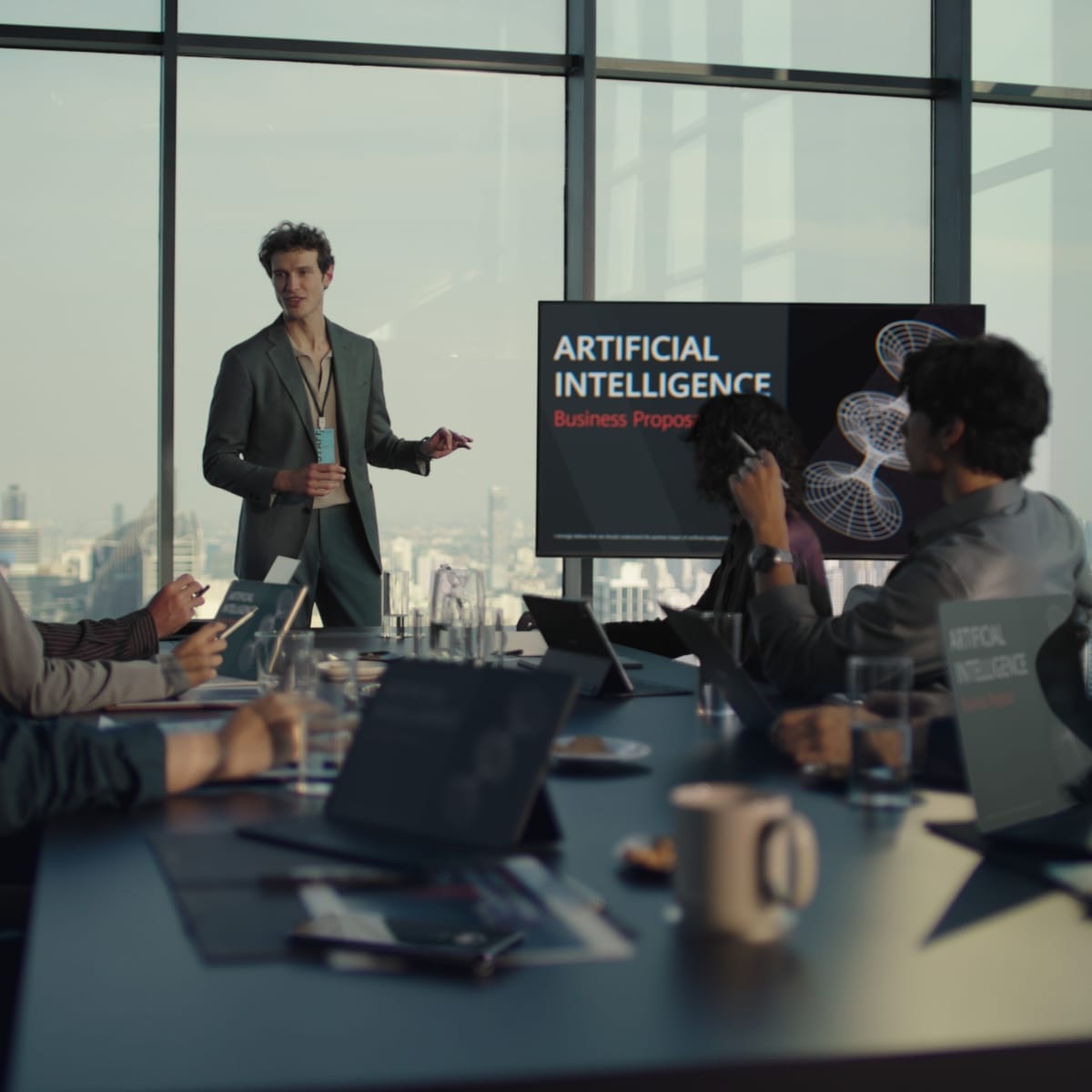 A man uses HUAWEI WATCH 5's smart gestures to turn off his phone during a meeting