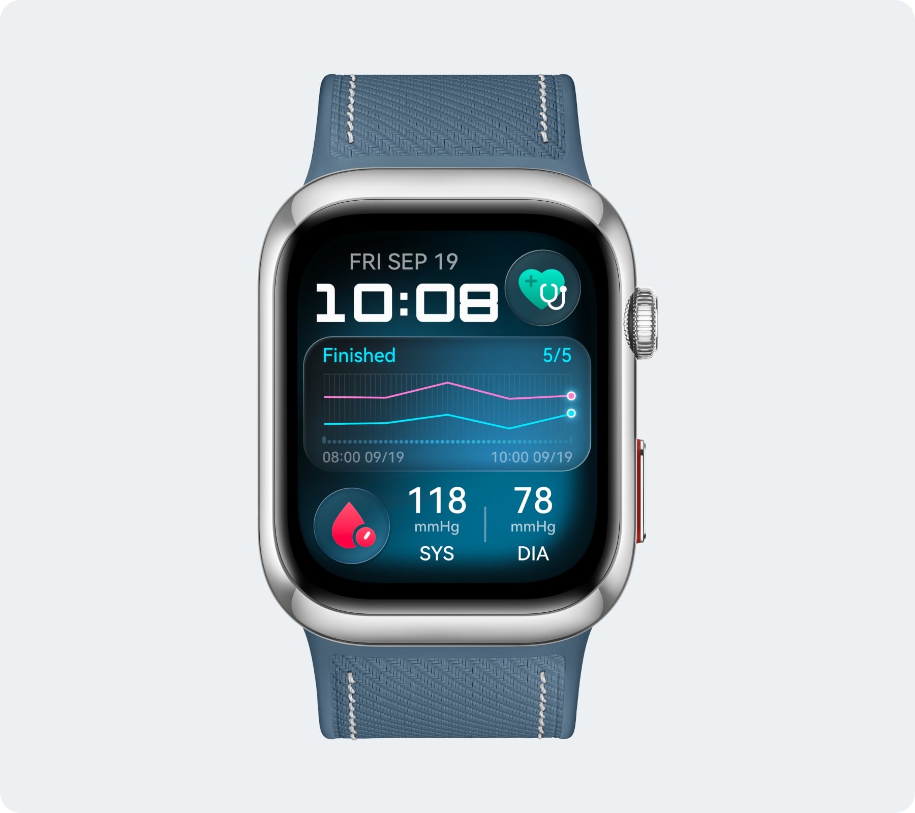 HUAWEI WATCH D2 blue front view, displaying the time, heart rate, blood pressure, and other real-time health monitoring data