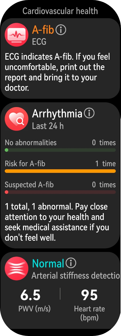 The watch's UI displays data related to cardiovascular health