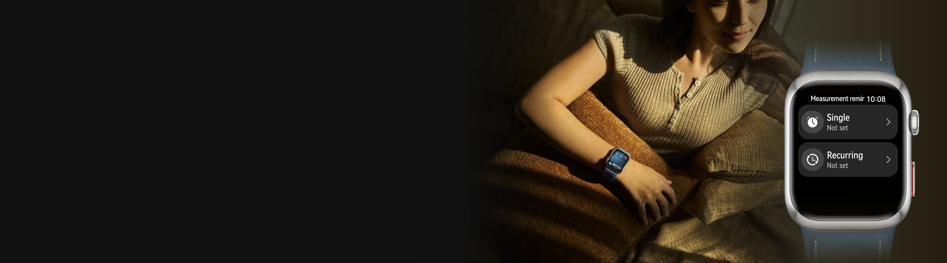 A female user wearing the HUAWEI Watch D2 experiences its handy BP measurement reminder