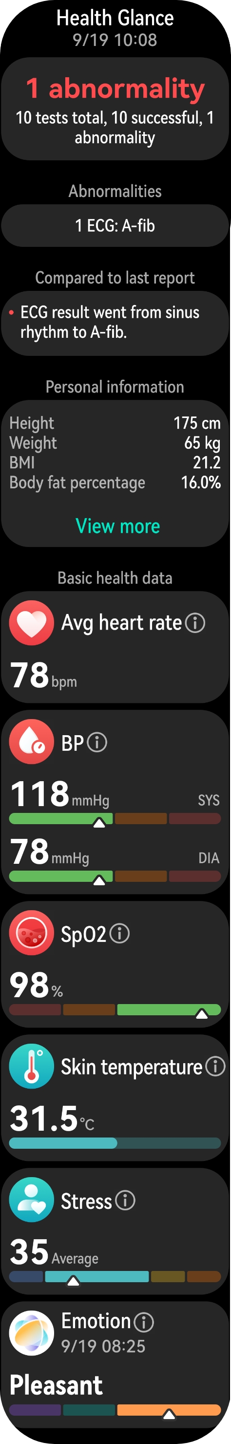 The watch's UI displays the health check results