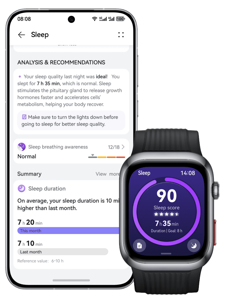 HUAWEI WATCH D2 and the smartphone work together to assess how well you've slept