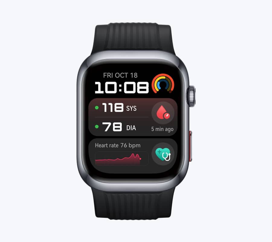 HUAWEI WATCH D2 black front view,showing the time, heart rate,blood pressure and other real-time health monitoring interface