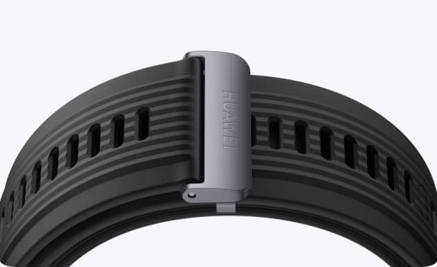 Detail of the HUAWEI WATCH D2's strap,showing the black fluoroelastomer strap and buckle