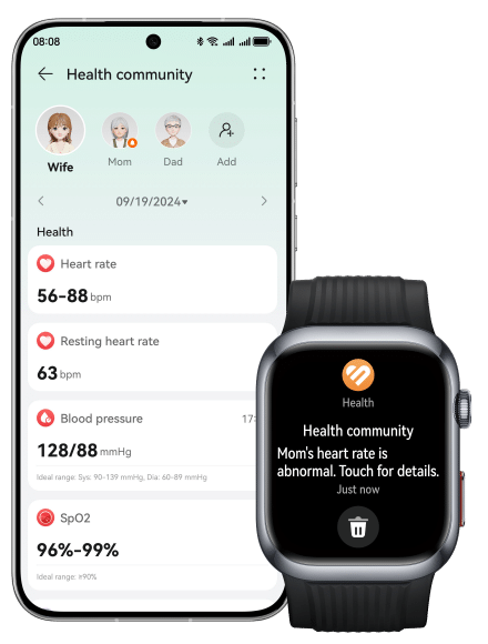 HUAWEI WATCH D2 and Huawei mobile phone interface diagram,showing the family space feature,focusing on family health indicators