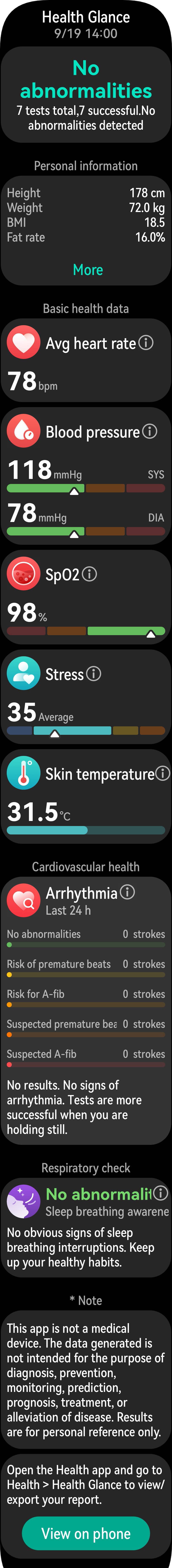 The HUAWEI WATCH D2 provides a Enhanced Health Glance,which can obtain 12 health detection indicators such as heart rate,blood pressure,blood oxygen, and blood sugar