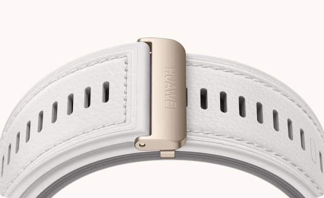 Detail of the HUAWEI WATCH D2's strap,showing the white leather strap and buckle