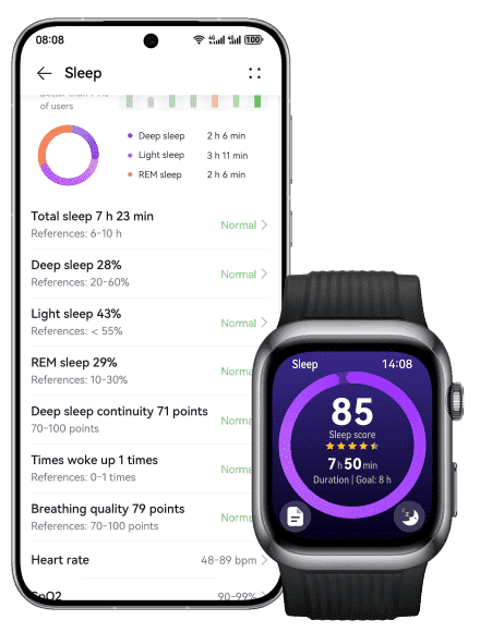 HUAWEI WATCH D2 and Huawei phone interface,showing the sleep interpretation and  custom sleep hygiene tips feature