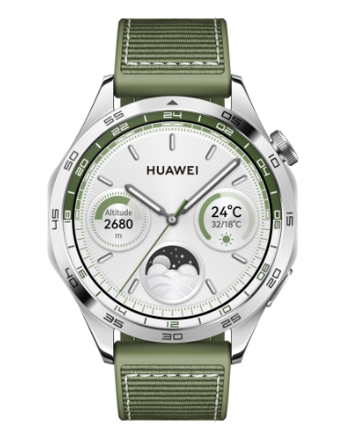 HUAWEI WATCH GT 4 46mm Edelstahlgehäuse mit grünem, gewebtem Armband