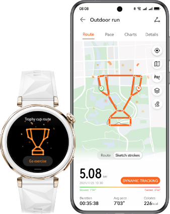 HUAWEI WATCH GT 5 Pro and Huawei phone with champion trophy running map interface