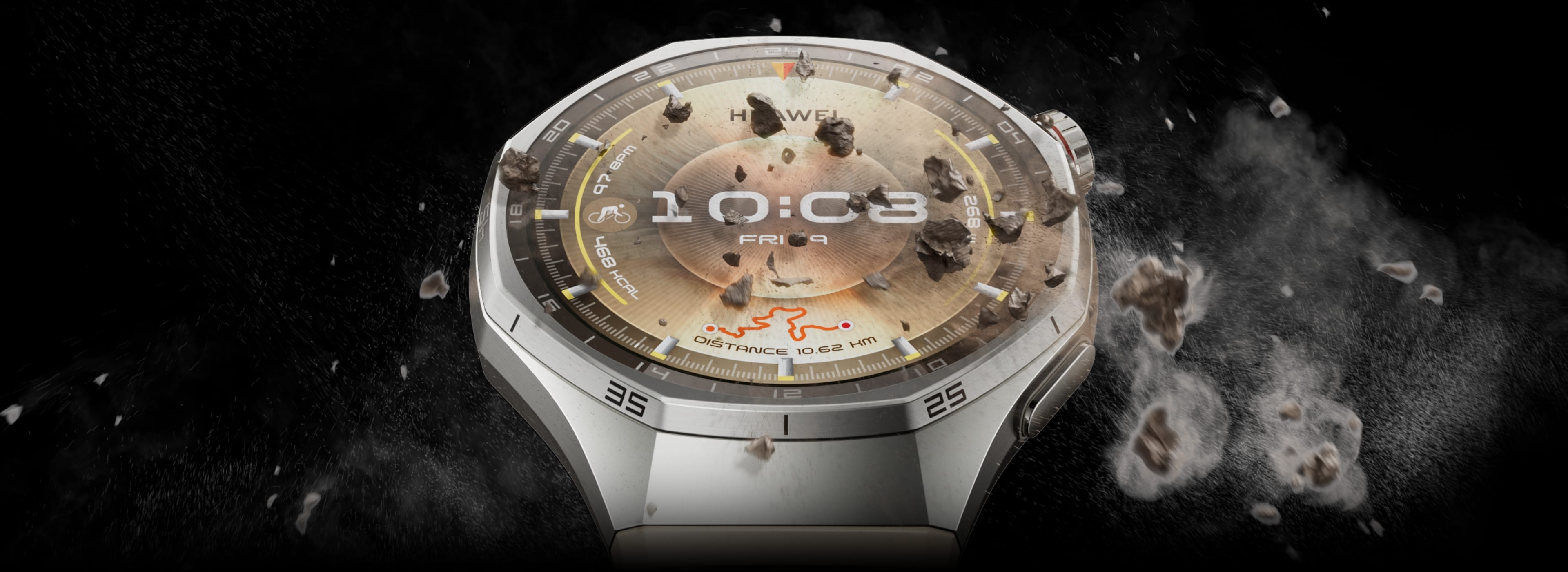 The creative image of HUAWEI WATCH GT 6 Pro under impact demonstrates the watch's reliability and durability