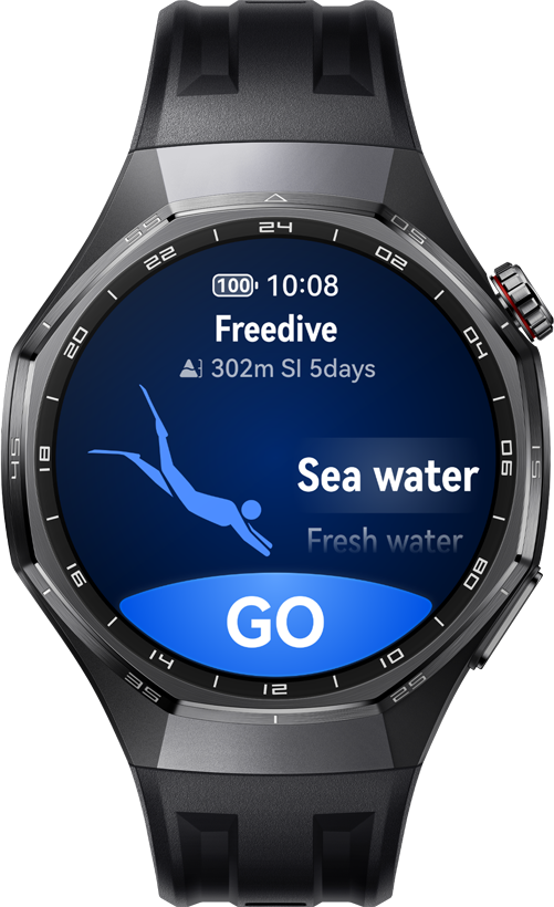 On the left is the user wearing a watch for diving, and in the middle is the front view of the HUAWEI WATCH GT 6 Pro, showing the freediving function