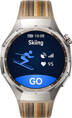On the left is the user wearing a watch for skiing, and in the middle is the front view of the HUAWEI WATCH GT 6 Pro, showing the skiing function