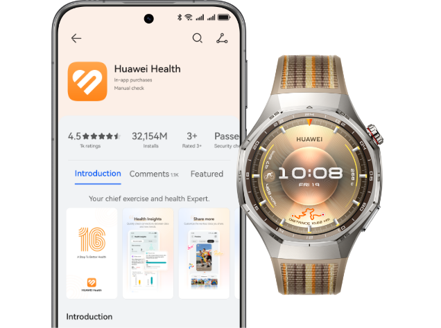 The front view of the HUAWEI WATCH GT 6 Pro and the phone demonstrates the compatibility