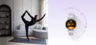 A user wearing HUAWEI WATCH GT 6 is doing yoga indoors, and the watch displays the yoga workout start interface