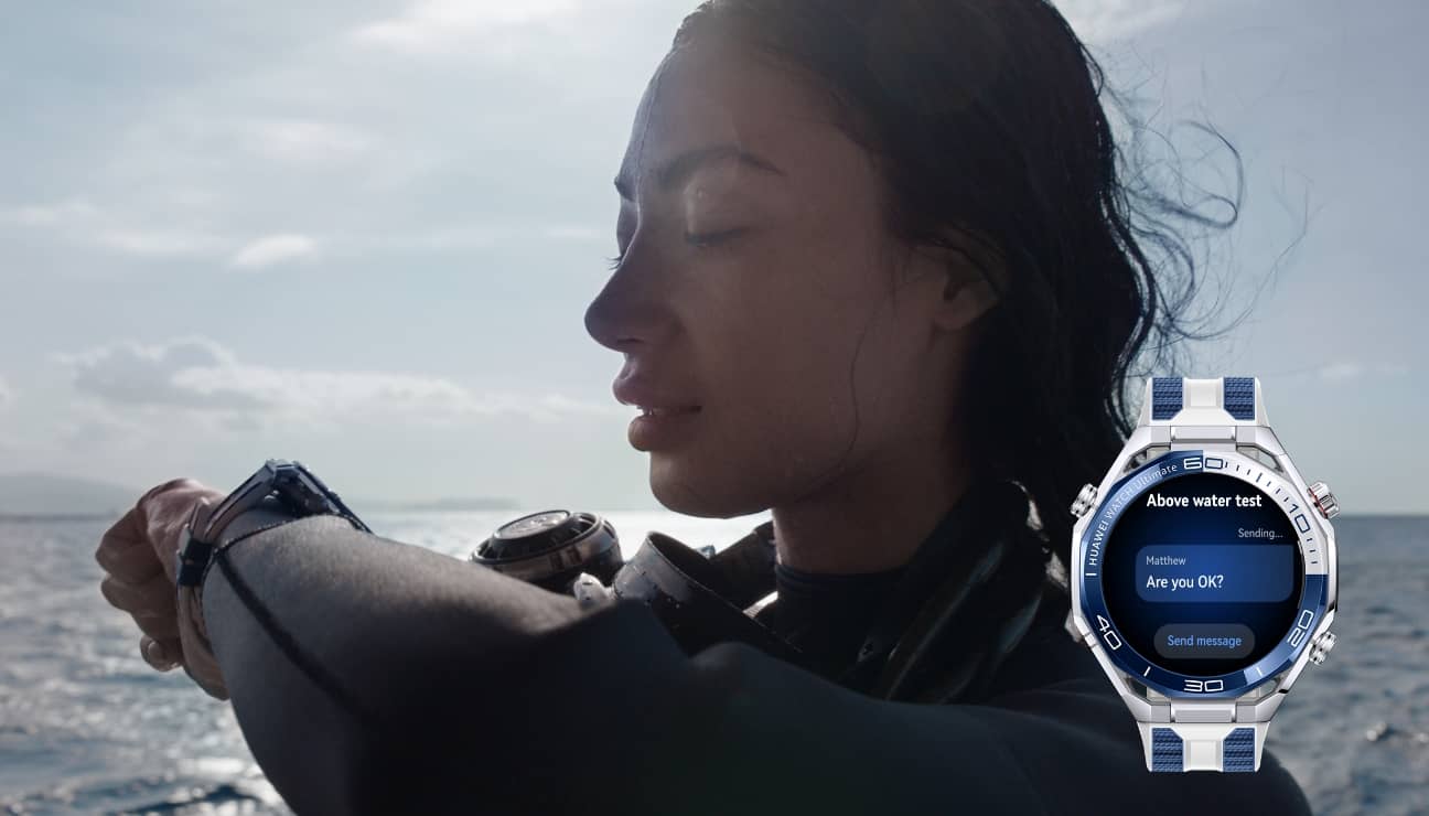 Pre-dive support on the HUAWEI WATCH Ultimate 2, with options like adding diving buddies, performing above-water communication checks, and activating dive mode