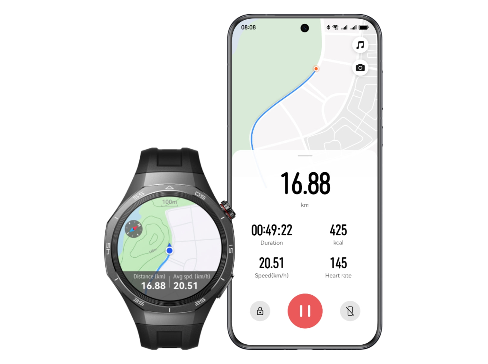 The diagram shows the cycling screens on the connected phone and watch. Once the cycling feature is activated on the watch, the phone screen transforms into a speedometer. 