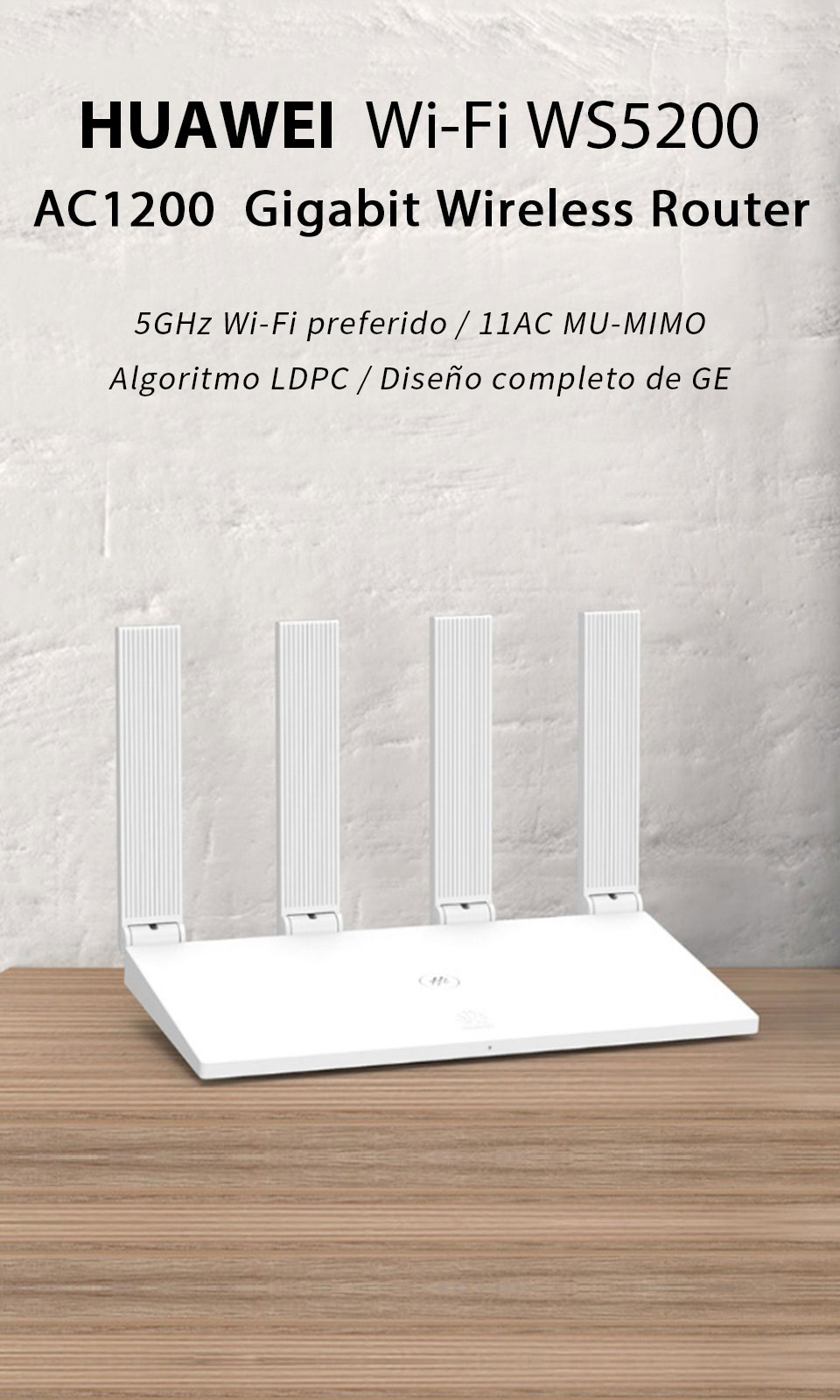 5 Puertos Ethernet HUAWEI Wi-Fi WS5200 AC1200 Dual-Band procesador de 28nm MU-MIMO fácil de configurar Router inalámbrico Gigabit Blanco Router WiFi Inteligente de Largo Alcance 