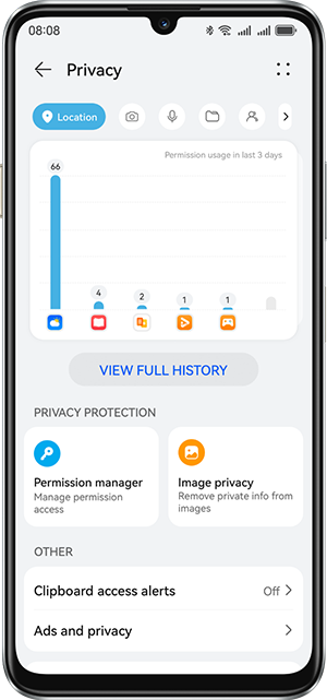 Privacy Center screen on HUAWEI nova Y72S