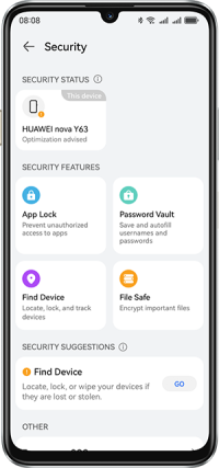 Security Center screen on HUAWEI nova Y63