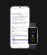 The phone interface displays periodic sleep data alongside a front view of black HUAWEI Band 10, showing the sleep score. This highlights the device's ability to analyze sleep quality