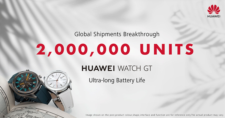 HUAWEI WATCH GT sells more than two million units globally contributing to
Y-o-Y growth of 282.2% for its wearable product line