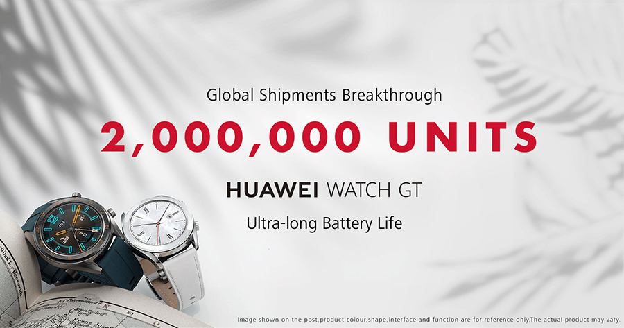 HUAWEI WATCH GT sells more than two million units globally contributing to 
Y-o-Y growth of 282.2% for its wearable product line
