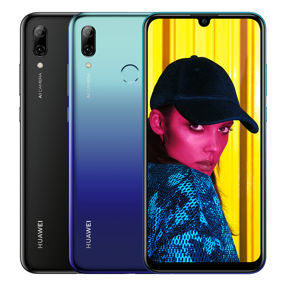 HUAWEI P smart: drei Smartphones, Rückseite in schwarz und blau, großes Display zeigt Frau mit Cap