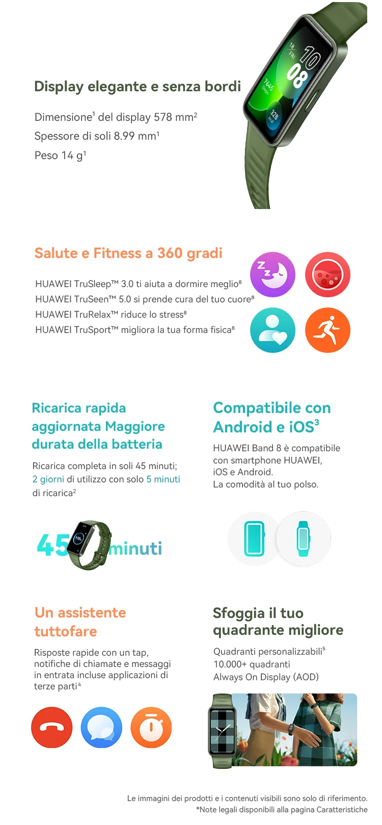 HUAWEI Band 8 Smart band, Leggero e Sottile, Monitoraggio scientifico del  sonno, Batteria fino a 2 settimane, Compatibile con Android e iOS, 24/7