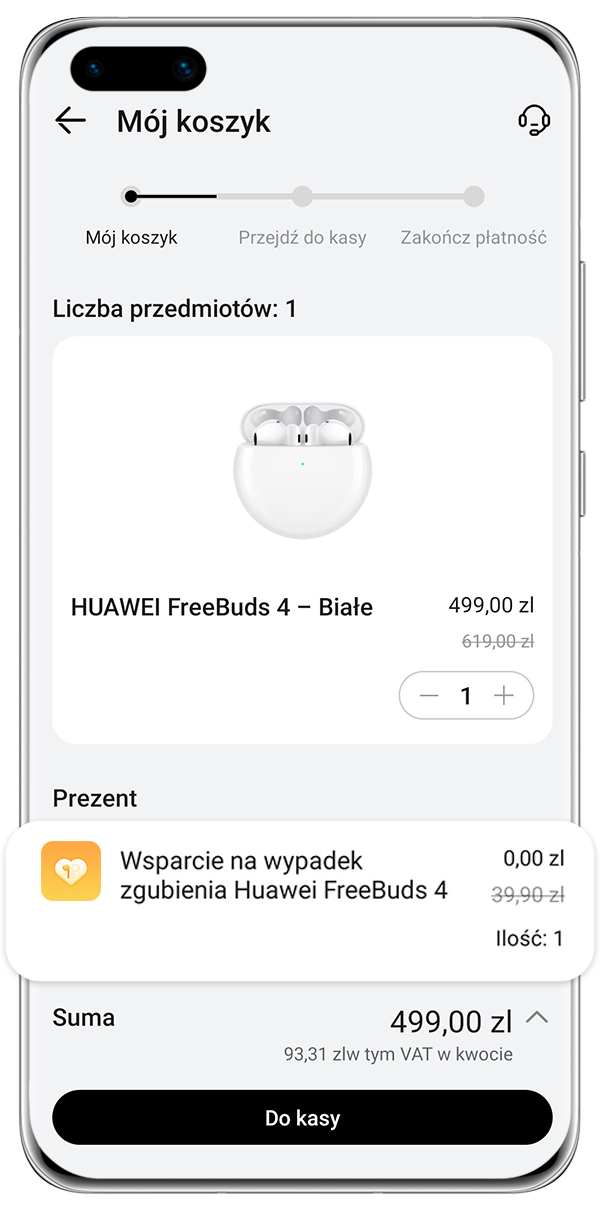 Zaznacz HUAWEI Wsparcie na wypadek zgubienia słuchawek, aby dodać usługę