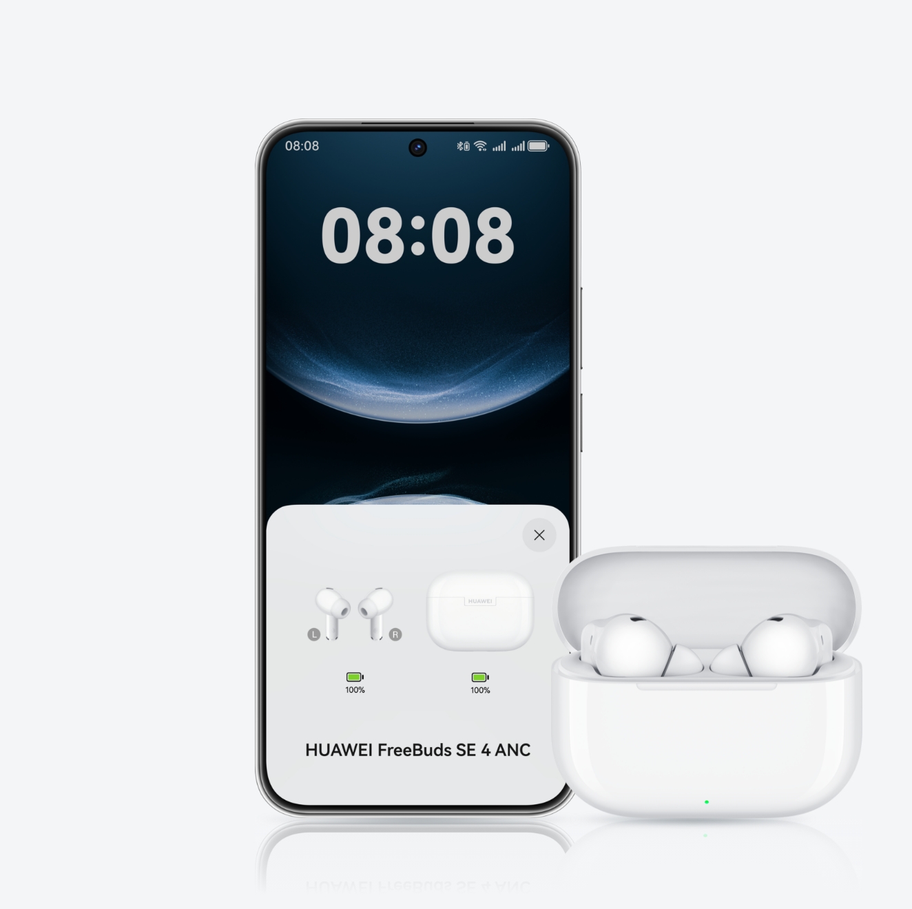 Shows the connection of HUAWEI FreeBuds SE 4 ANC to the phone with the charging case open