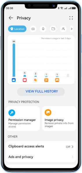 HUAWEI nova 14i front view with interface, show the privacy centre of EMUI 14.2