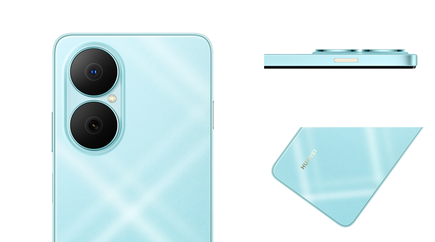 HUAWEI nova Y73 blue back view, showing the dynamic plaid texture surface and the double star orbit rings. HUAWEI nova Y73 blue side view, showing the X button on the side of the body. A close-up of the Huawei nova Y73 in  Blue, showing the dynamic plaid texture surface
