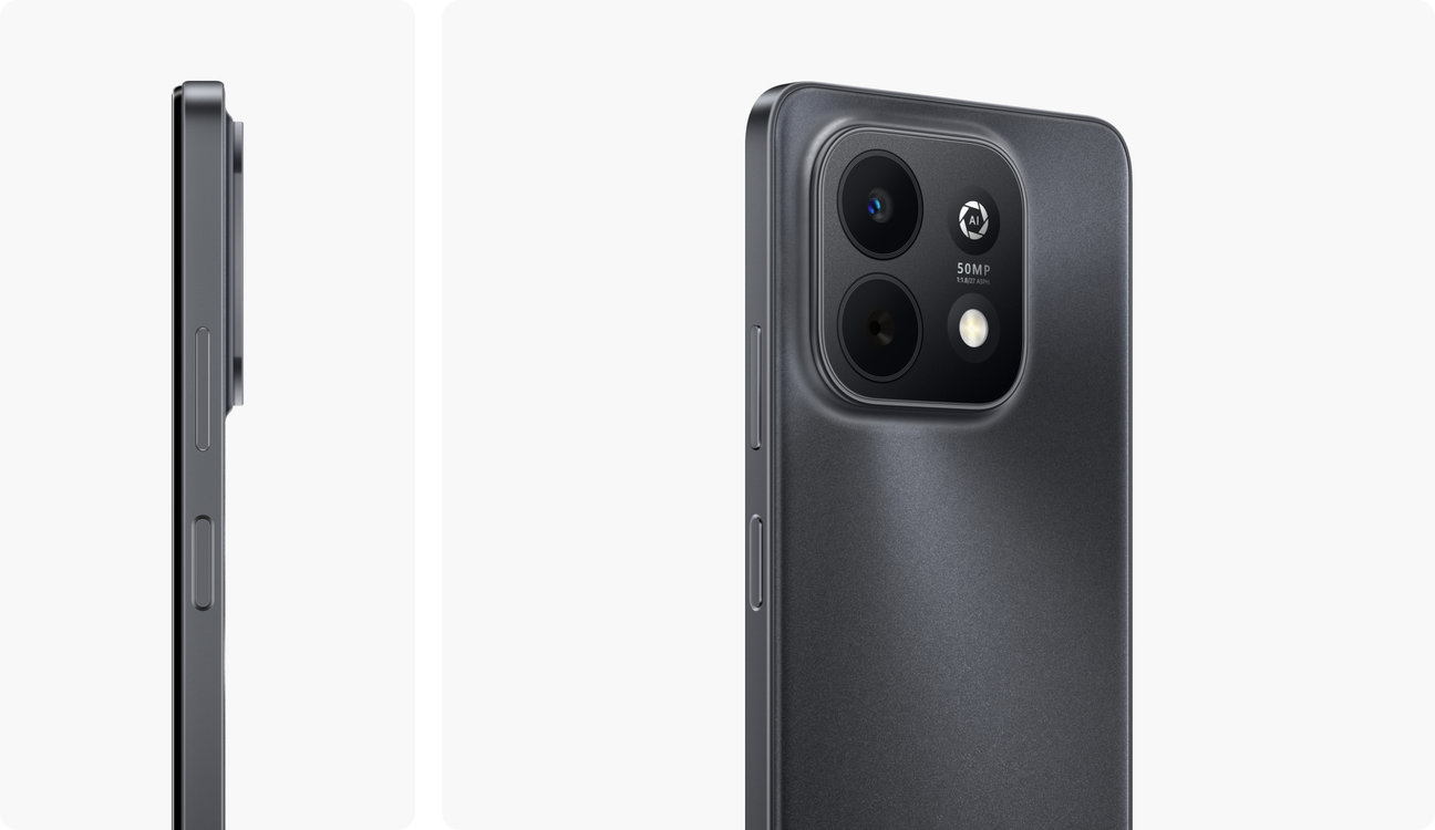 HUAWEI nova Y74 black back and side view, showing the slim, flat, and unibody design