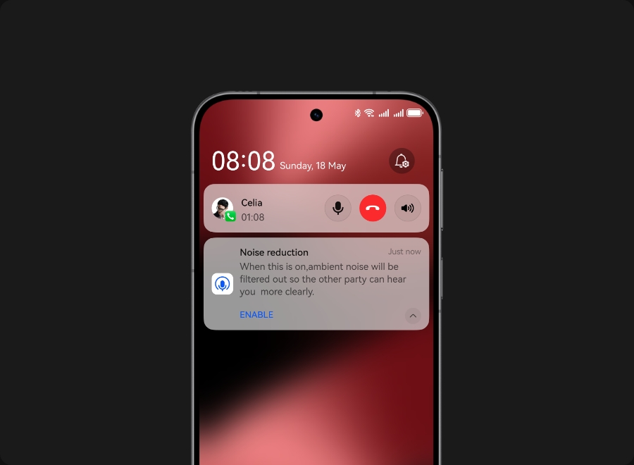 HUAWEI Pura 80 front view with interactive interface, display noise cancellation during calls function